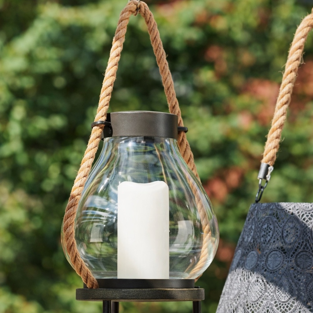 Vintage Style Glass Pedestal Lantern Rope Handle & LED Candle Indoor Outdoor - Picture 7 of 9